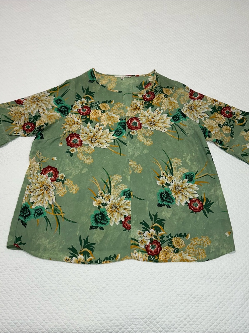 Violet & Claire Sage Floral Pullover Blouse with Red and Cream Accents